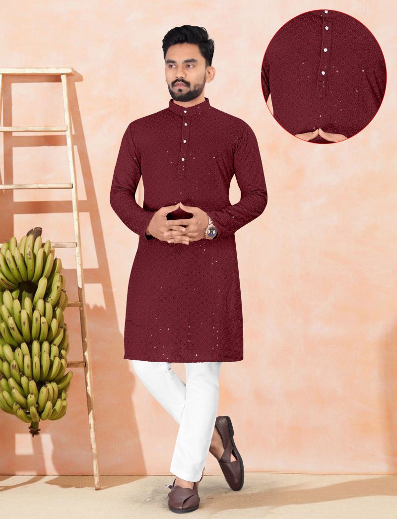 maroon lucknowi chikankari kurta set