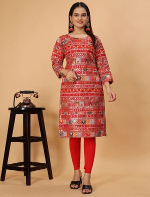 Women Red Embroidery Kurti Set