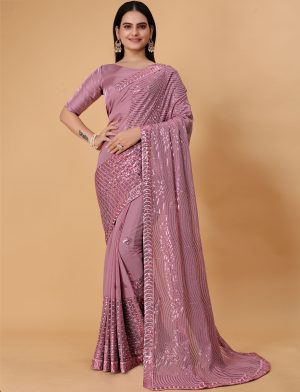 pink georgette sequin saree