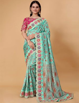 Pink Blue Party Wear Saree