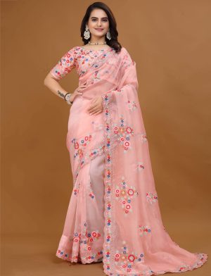 Peach Hand Embroidered Saree