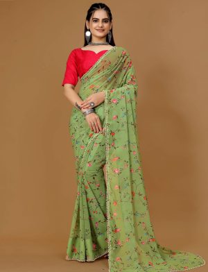 Floral Green Georgette Saree Women