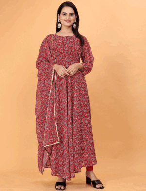 Maroon Anarkali Printed Suit with Dupatta