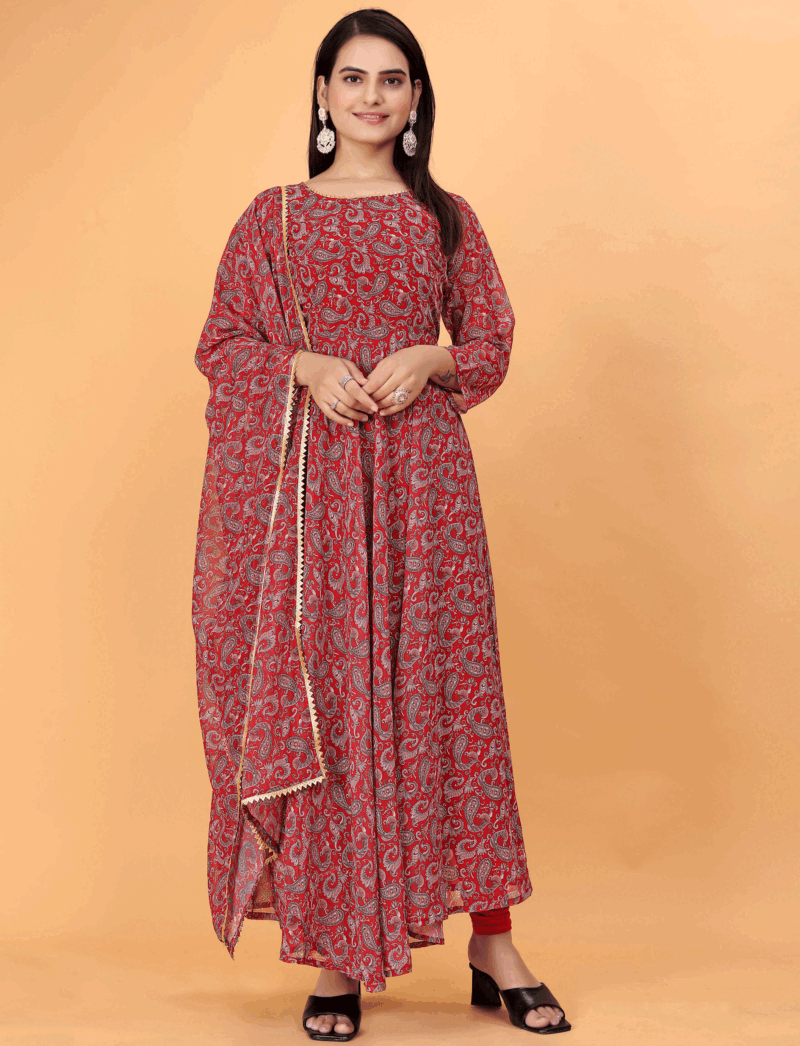 Maroon Anarkali Printed Suit with Dupatta