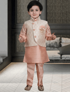 Peach Kurta Pajama With Printed Jacket