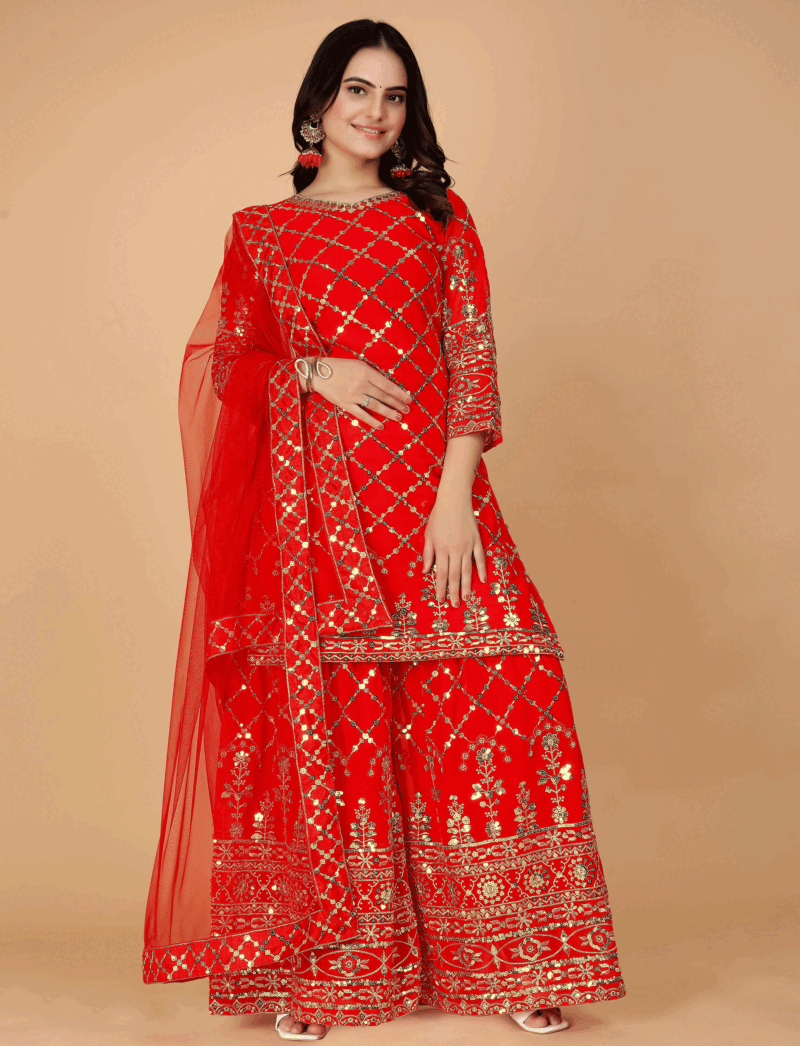 Red Punjabi Sharara Suit for Women