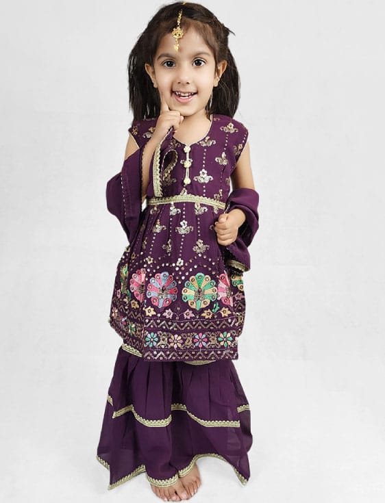 embroidered purple georgette gharara suit