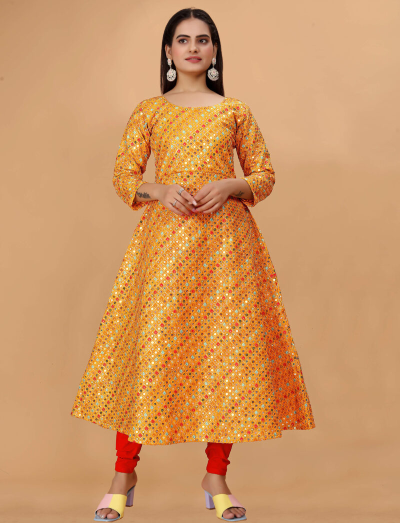 embroidered yellow anarkali kurti woman