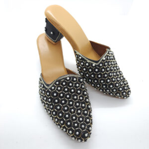 Women Pearl Black Mule Heels