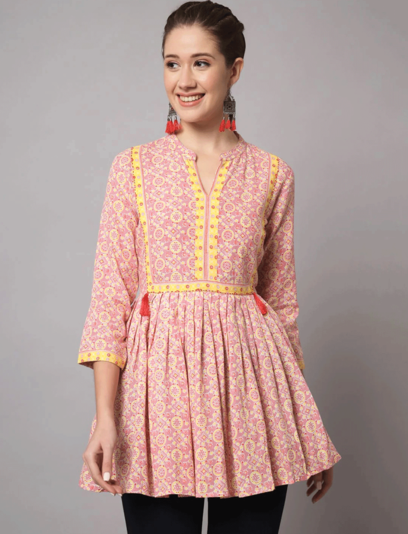 flared pink short kurti women