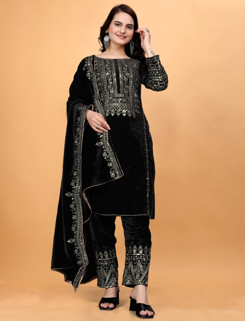 black velvet embroidered plazo suit