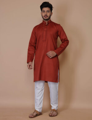 Embroidered Cotton Orange Kurta Pajama