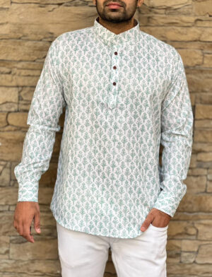 Green Printed Cotton Short Kurta