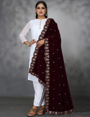 Maroon Embroidered Velvet Shawl Women