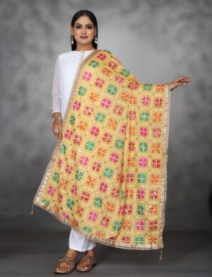 Golden Indian Phulkari Dupatta With Latkan