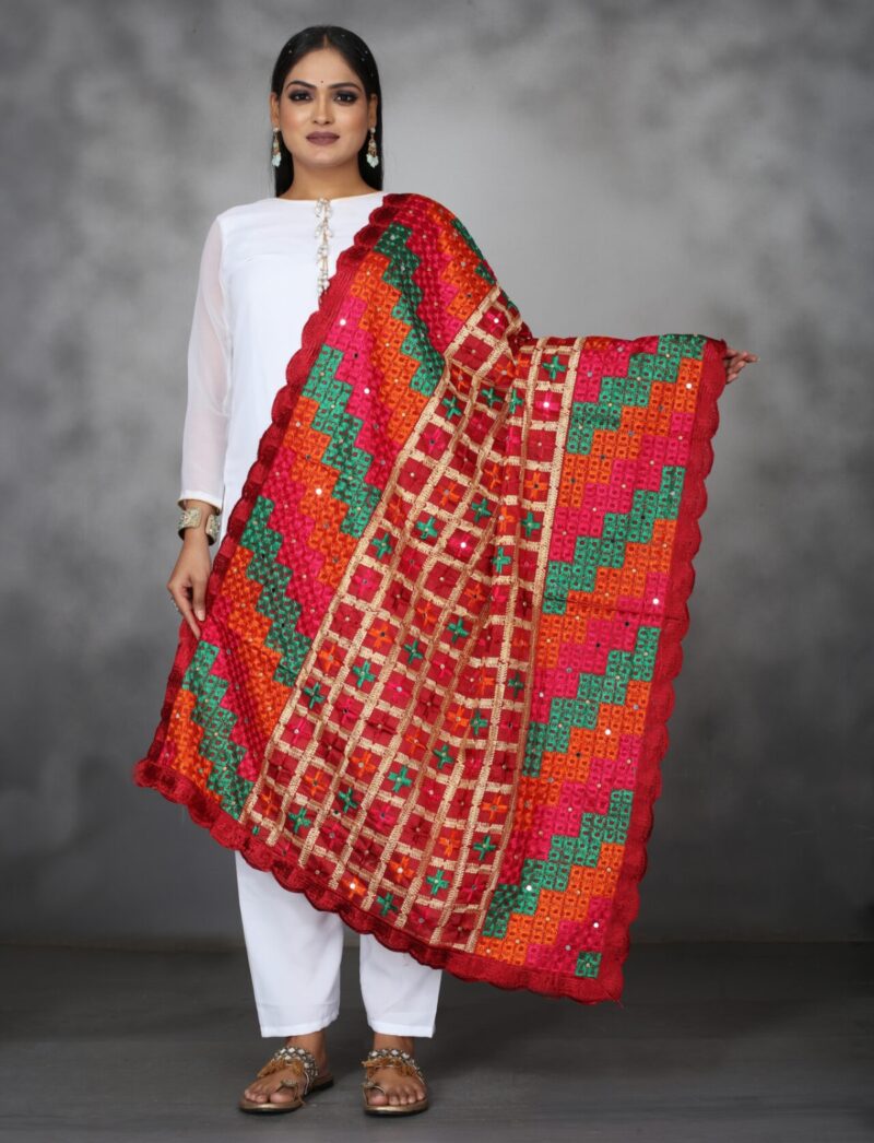 Maroon Embroidered Phulkari Dupatta