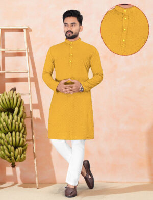 Mens Yellow Chikankari Kurta Pajama