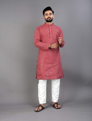 Dusty Red Sequins Chikankari Kurta Pajama