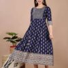 Blue Cotton Printed Anarkali Kurti