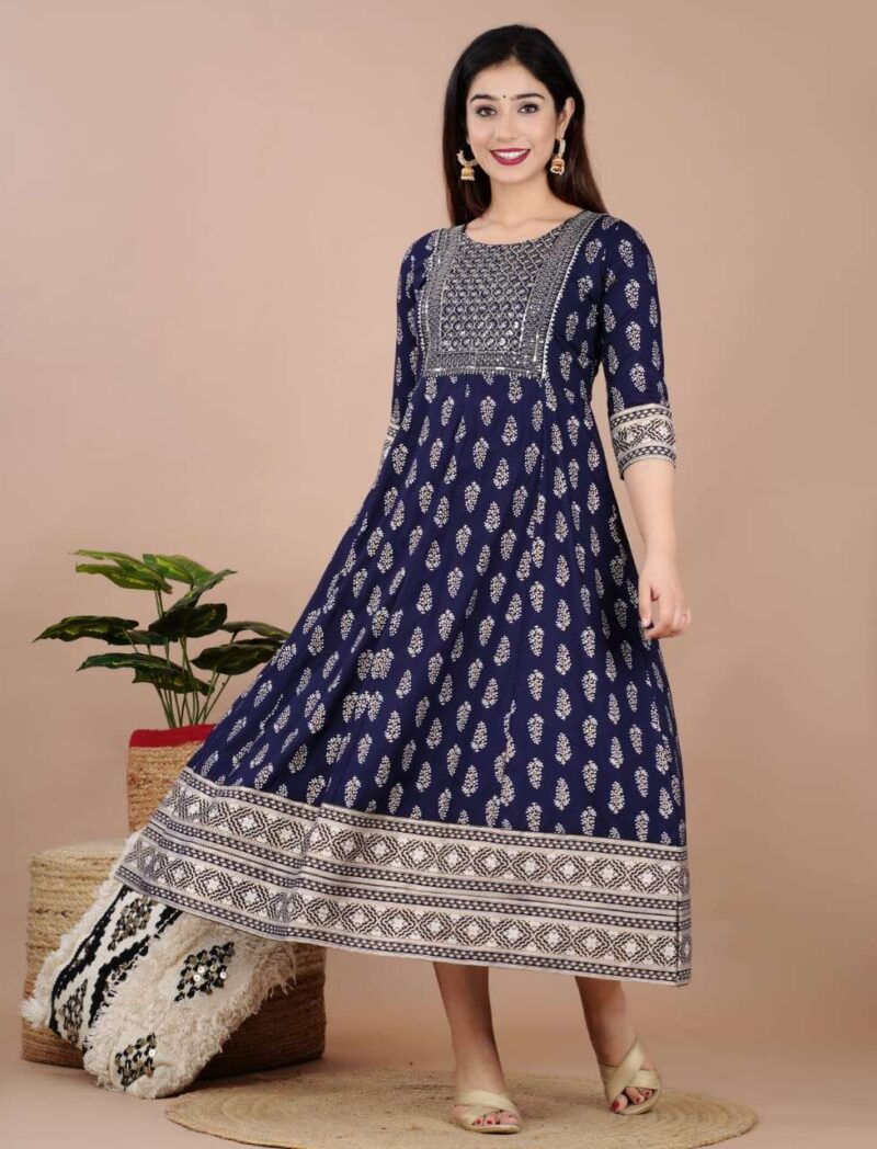Blue Cotton Printed Anarkali Kurti