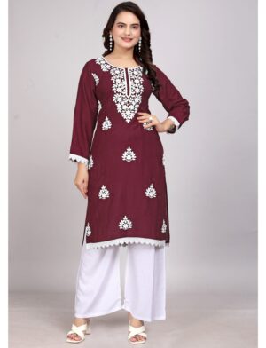 Lucknowi Maroon Rayon Kurti Set