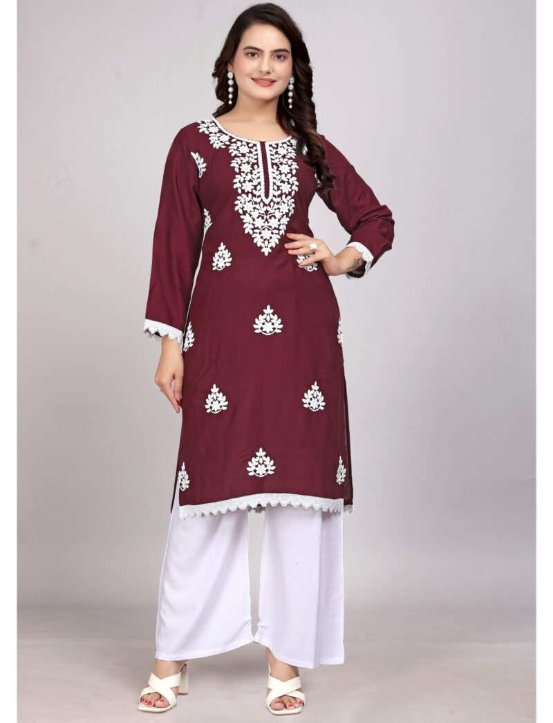 Lucknowi Maroon Rayon Kurti Set