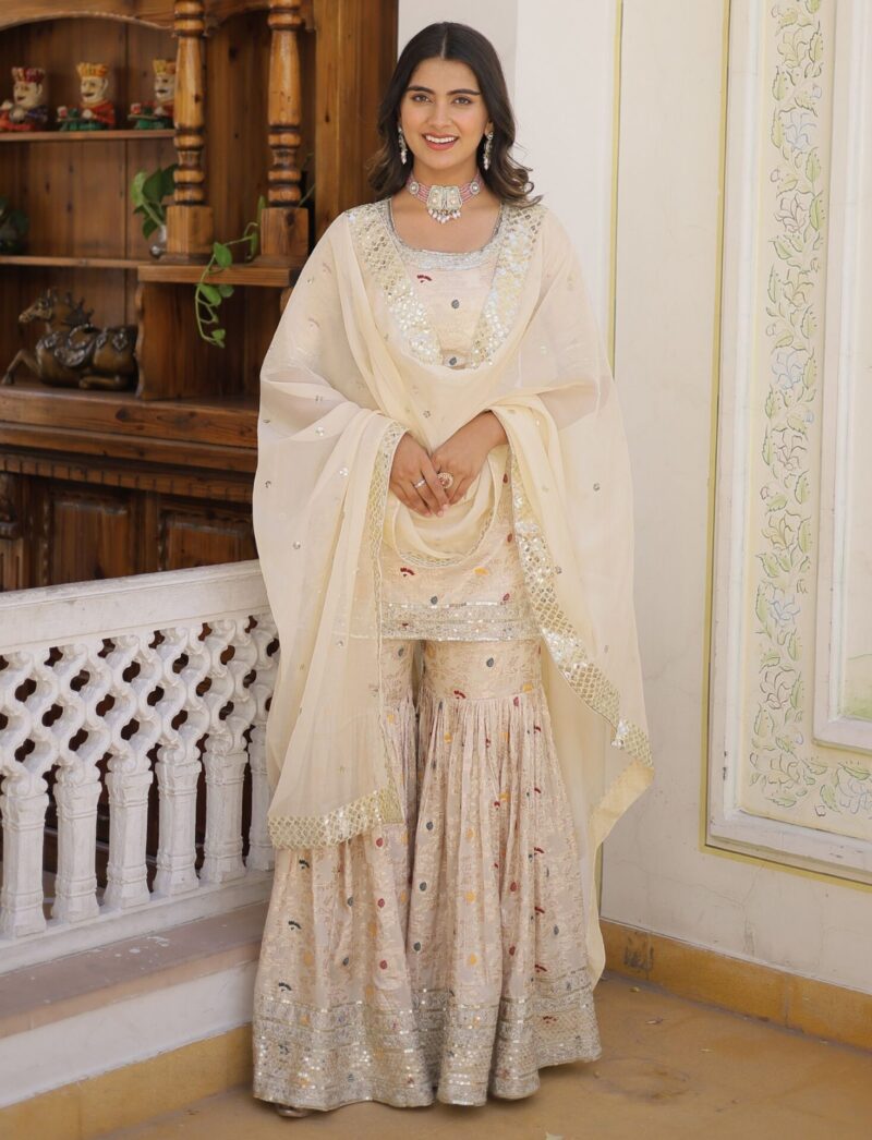 Golden Cream Embroidered Sharara Suit