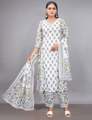 White Rayon Printed Suit