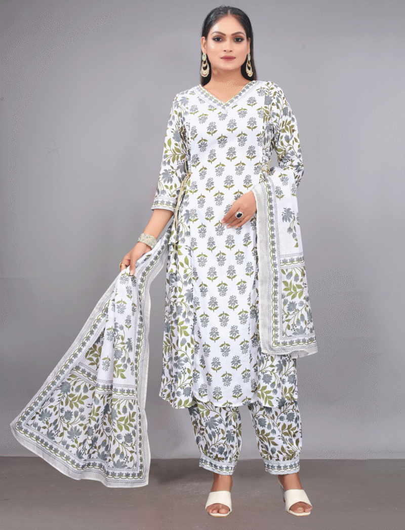 White Rayon Printed Suit