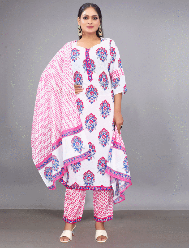 Cotton White Printed Suit