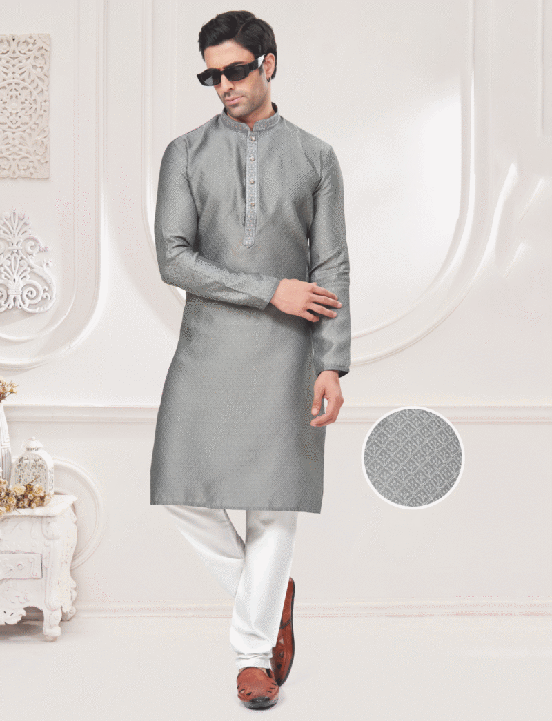 Silver Jacquard Straight Kurta Pajama