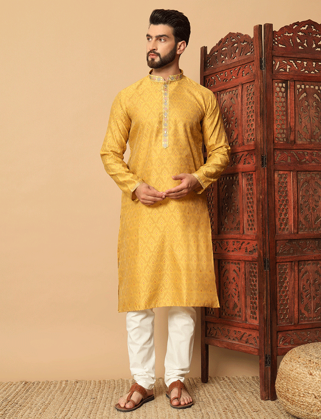 Yellow Jacquard Straight Kurta Pajama