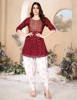 Red Rayon Dhoti Salwaar Suit