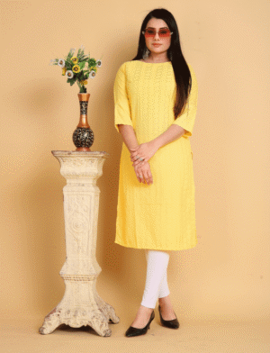 Yellow Embroidered Rayon A-line Kurta