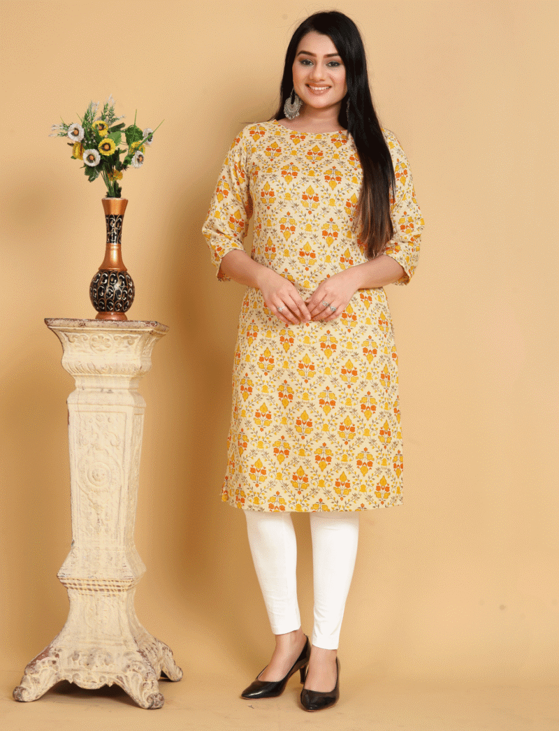 Yellow Printed Rayon Kurti