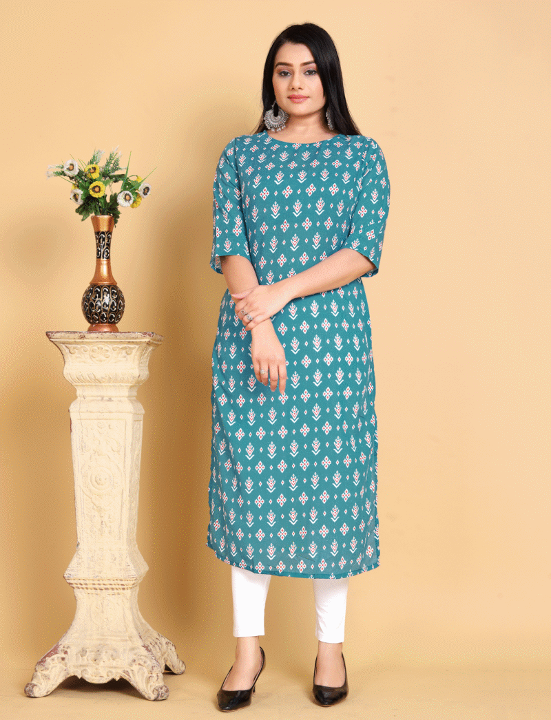Teal Printed Cotton Kurti Women
