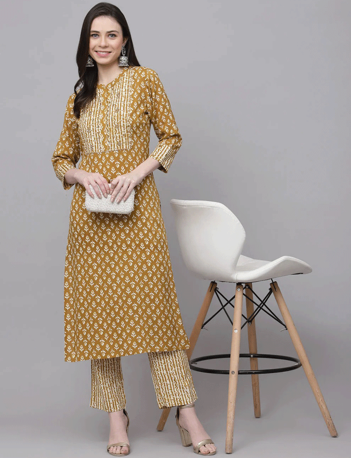 Mustard Printed Kurta Set