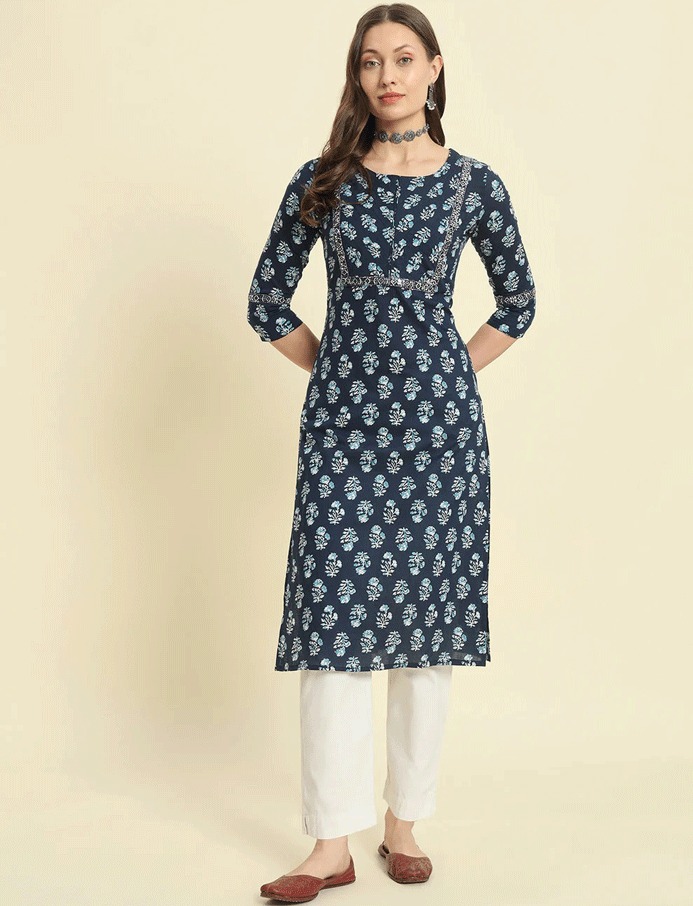 Blue Cotton Printed Kurta