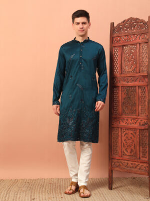 Men Teal Blue Embroidered Kurta Pajama 