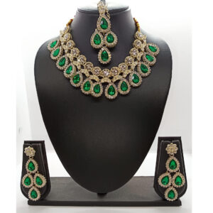 Green Stone Necklace with Earrings And Maang Tikka