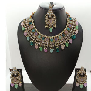 Multi Color Kundan Necklace With Earrings And MaangTikka