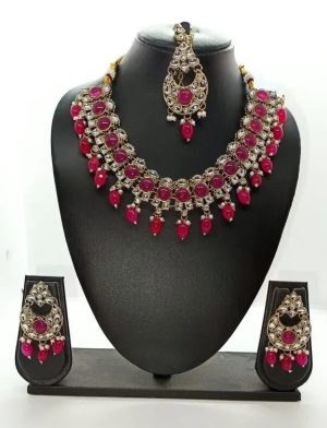 Pink Kundan Necklace With Earrings And MaangTikka