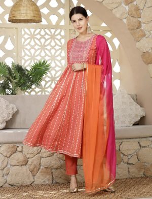 Embroidered Cotton Blend Anarkali Kurta Pant Dupatta Set