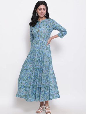 Blue Printed Mandarin Neck Flared Kurta