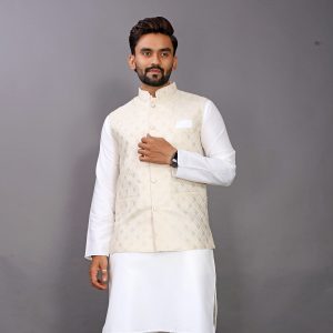 Beige Jacquard Nehru Jacket