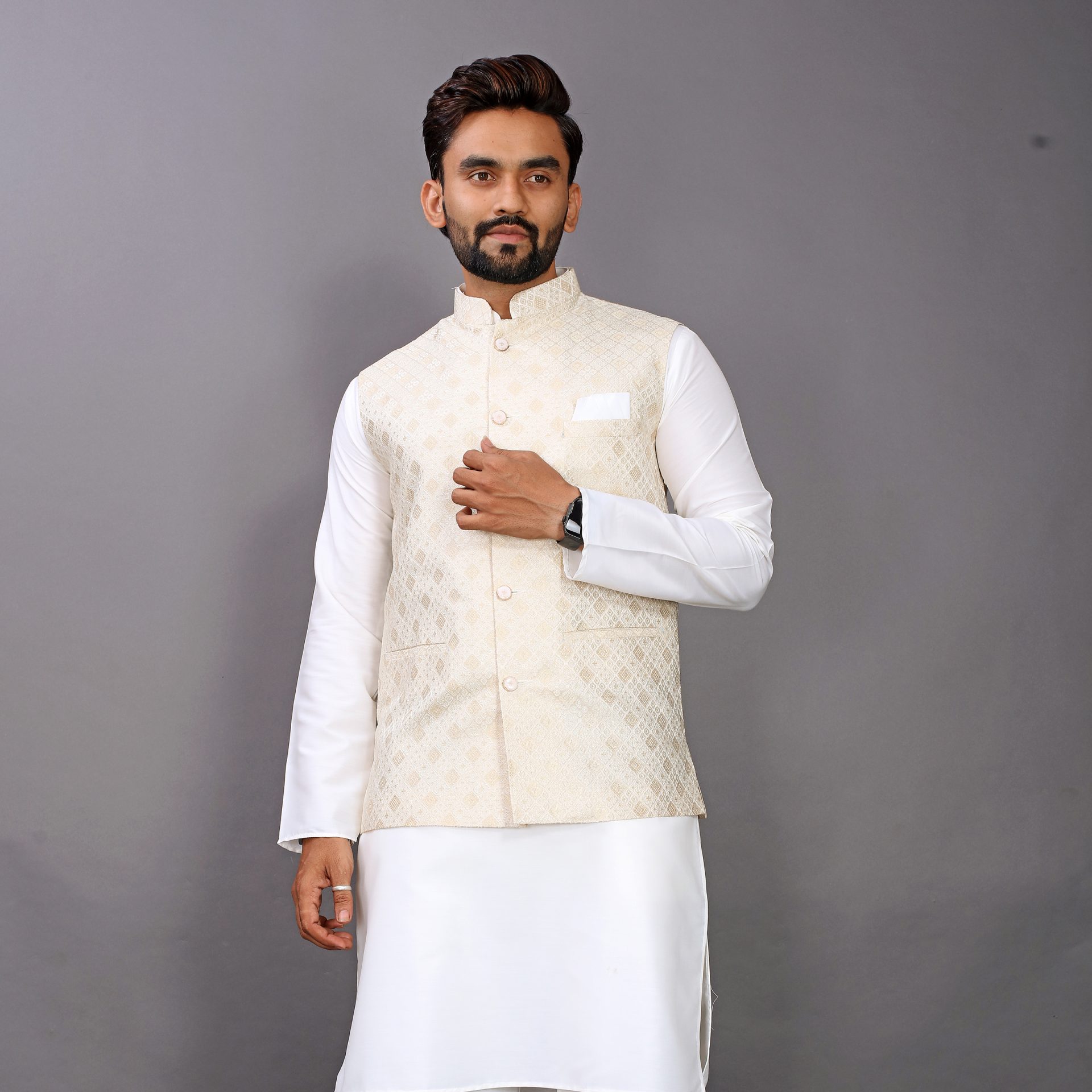 Elegant light pink kurta for men paired with white pajama and brown formal shoes for a sophisticated ethnic look.