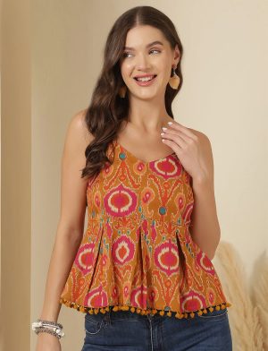 Orange Printed Sleeveless Top