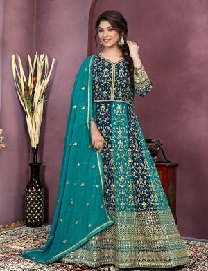 Blue Embroidered Georgette Anarkali Suits