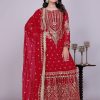 Red Embroidered Palazzo Suit