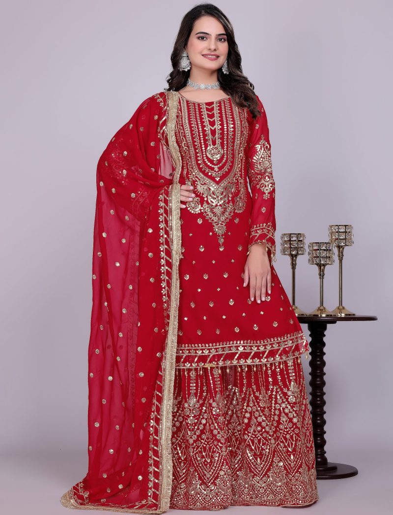 Red Embroidered Palazzo Suit